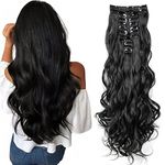 Clip in Hair Extensions Long 22inch Curly Full Head Synthetic Clip on Hair Extension #1B Natural Black 180 Gram Thick Double Weft Hair Extensions Wavy Hairpieces for Women