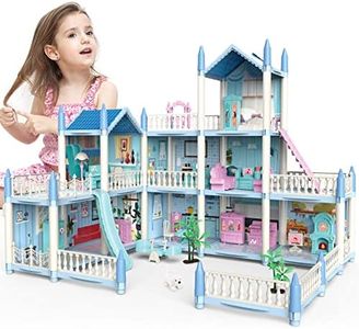 deAO Casa de Muñecas Villa para Niñas con Muñecas 3 Pisos con Muebles y Toboganes, Escaleras, Vallas, Perro Muñeco, Princess Castle Playset Regalo para Niños de 3-7 Años (Azul)