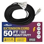 12/3 50ft 3-Outlet SJTW 15A 125V 1875W Lighted End Indoor/Outdoor Black Heavy Duty Tri-Source Extension Cord (50 Feet)