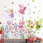 Timelesslong Large Fairy Wall Decals for Girls Bedroom, Vinyl Flowers Wall Stickers Removable Butterfly Wall Murals Peel and Stick Floral Wall Decor Art Wallpaper for Baby Nursery Living Room Playroom