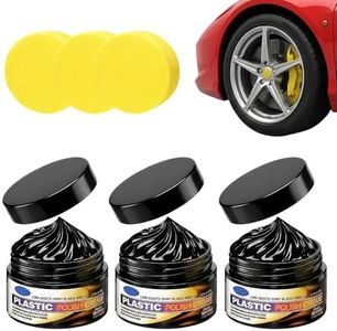 Tire Wax Tire Coating Paste,Long Lasting Car Tire Shine Nourish Cream,Waterproof & UV Protection,Plastic Trim Restorer Black with Sponge Applicator, for Car, Truck, Motorcycle, RV & More (100g-3PC)