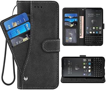 ELISORLI Compatible with BlackBerry KEY2 Wallet Case Wrist Strap Lanyard Leather Flip Card Holder Stand Cell Accessories Folio Purse Credit ID Slot Phone Cover for KEY 2 Two KEYtwo Women Men-Black