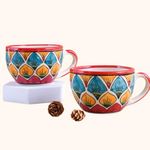 STOREPEDIA Handmade Peacock Feather Print Caramic Coffee Mug Set of 2, 500 ML Large Cappuccino Cups Size Tea Coffee Cup Microwave Safe, Hot/Cold Coffee, Single Mugs for Daily Gift Couples Use