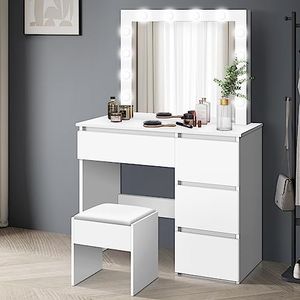 ALFORDSON Dressing Table Stool Set Makeup Vanity Desk with Mirror 12 LED Bulbs in Adjustable 3-Colour Light, Jewellery Vanity Table Organiser with Large Storage Drawer for Bedroom Dressing Room, White