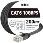 Cat 6 Ethernet Cable 200 Ft, Outdoor&Indoor, 10Gbps Support Cat7 Network, Slim long Flat Internet LAN Patch Cord, Cat6 Solid High Speed weatherproof Cable for Router, Modem, PS4/5, Xbox, Gaming, Black