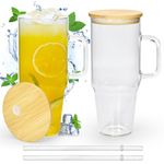 FECBK 40 oz Glass Tumbler with Handle 2 Pack Glass Tumbler with Straw and Lid Clear Glass Water Cup Reusable Iced Coffee Cup, Fits Car Cup Holder, BPA Free, for Boba Tea, Juice, Smoothie, Beer