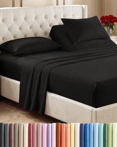 Flex Top Split Head King 4 Piece Sheet Set - Comfy Breathable & Cooling Bed Sheets Set - Hotel Luxury Bedding for Women, Men, Kids, Teens, Boys & Girls - Deep Pockets, Ultra-Soft - Oeko-Tex - Black