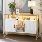 Bestier Sideboard Buffet Cabinet with LED Light, 47" Fluted Sideboard Cabinet with Power Outlet, Coffee Bar Cabinet with Glass Shelves for Living Room, Bedroom, Kitchen, Modern White