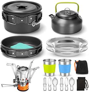 Odoland 16pcs Camping Cookware Set with Folding Camping Stove, Non-Stick Lightweight Pot Pan Kettle Set with Stainless Steel Cups Plates Forks Knives Spoons for Camping Backpacking Outdoor Picnic