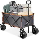 Foldable Wagon Cart, Utility Wagon Cart with All-Terrain Big Wheels for Beach, Picnic, Camping, Portable Outdoor Heavy Duty Collapsible Wagon with Removeable Bottom Board, Orange