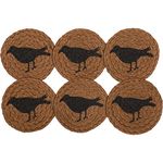 VHC Brands Heritage Farms Crow Jute Coaster Set of 6 Primitive Country Patchwork Kitchen Tabletop Design, Tan