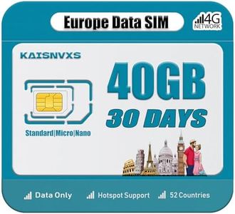KAISNVXS Plug and Play Prepaid SIM Card for Europe Travel - EU 40GB Data SIM Card for 30 Days in 52 Countries, 5G/4G LTE High Speed Data Network, No Need Activation, Hotspot Support,Data Use Only