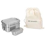 Navaris Large Steel Lunch Box - 2 Tier Stainless Steel Sandwich, Snack, Lunch, Food Storage Container - Bento Box with Bag