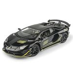 FEXXA 🏎️ Scale Exclusive Alloy Metal Pull Back Die-cast Car Model with Sound Light Mini Auto Toy for Kids Metal Model Toy Car with Sound and Light (1:24 Scale Lamborghini SVJ 63 -Black)