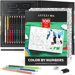 Arteza Kids Activity Book, Color by Numbers Coloring Book, 8.5 x 11 Inches, School Supplies for Ages 6 and Up, 50 Sheets, 12 Double-Ended Colored Pencils, Black Marker, Eraser, Sharpener