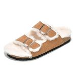 Project Cloud Women's Genuine Suede Shearling Sandals - Adjustable Double Strap Eva Wedge with Fur Lane Cork Footbed Sandal, Indoor & Outdoor Women Slippers, Comfortable Flat Slide Sandals, Tan, 10