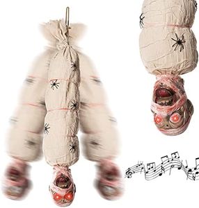 Halloween Shaking Corpse Motion Animated Hanging Cocoon Corpse Decoration 39in, Halloween Activated Decor, Jump Scare Creepy Mummy Red Glowing Eyes & Activated Voice, Spider Adorned Indoor & Outdoor