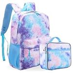 Fenrici Kids' Tie Dye Backpack with Lunch Box Set for Girls, School Bag with Laptop Compartment and Insulated Lunch Bag, Tie Dye, Pink, Purple, Multi-Color