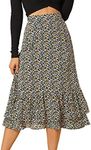 Allegra K Women's Printed Elastic Waist Tiered Ruffle Hem Flowy Midi Skirt Dark Blue-Floral Medium