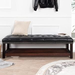 Ottoman Bench Shoe Bench Storage Shoes Rack, Upholstered Faux Leather Bedroom Bench,Button Tufted Entryway Bench Ottomans for Living Room Vanity Bench with Wooden Base，53.5 Inch Footrest(black+wooden)