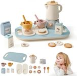 ​​Ikubigu Tea Party Set for Kids - Wooden Tea Set for Little Girls and Boys |18 PCS Silicone Tea Set of Coffee Theme | Pretend Play Kids Tea Set with Kitchen Toy Toddler Tea Set - Ideal Gift