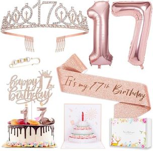 17th Birthday Decorations for Girls, 17th Birthday Sash and Crown, Pop Up Card, Cake Topper, Number Candles and Balloons, 17 Year Old Gifts for Girls
