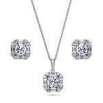 BERRICLE Rhodium Plated Sterling Silver Round Cubic Zirconia CZ Art Deco Halo Bridal Bridesmaid Necklace and Earrings Set