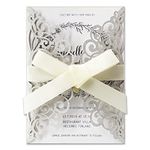 Fashmade 50Pcs Laser Cut Wedding Invitation With Glitter Envelopes And Ribbons Blank Personalized Card Invitaciones Para quinceañera Birthday Baby Shower Christmas Party Bridal Shower (Silver)