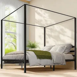 YITAHOME Metal Four Poster Canopy Bed Frame, 14 Inch Platform Bed with Built-in Headboard Strong Metal Slat Mattress Support, No Box Spring Needed, Black, King Size