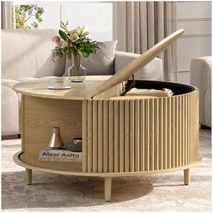 JOINICE,Round Coffee Table with Storage,Mid Century Modern Dining Table with Sliding Cabinet Door for Living Room,Home Small Space,31.5" Small Center Table,Oak