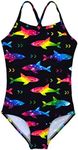 HONISEN Big Girls One Pieces Swimsuit Quick Dry Swimwear Beach Bathing Suits Shark 7T