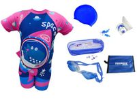 TEMPEST Swimming Kit for Boys with One piece half sleeve Swimming Costume for boys | Swim Suit | Swimwear | Swimming Dress Goggles Cap Ear Plug Nose Clip with KIT Bag (Multicolor, 8-9 Years)