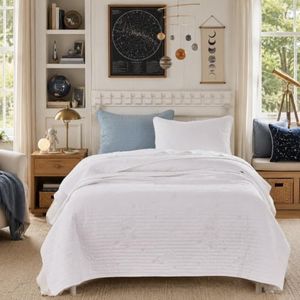 Brandream Queen Full Size Kids Quilts Set Cotton White Outer Space Bedding Astronaut Rockets Striped Stitching Coverlet Set 3-Piece