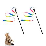 Cretty-Meet 2pcs Cat Wand Interactive Toy Colorful Fabric Ribbon Rainbow Cat String Toy Cat Teaser Wand for Kitten Exerciser Accessories Cat Training Playing Creative Funny Indoor Pet Interactive Toy