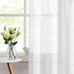 Bujasso White Linen Textured Semi Sheer Curtains 54 inch Length Elegant Vintage Window Drapes for Living Room Semi Transparent Light Filtering Curtains Set of 2 Panels Rod Pocket 55" Wx54 L,White