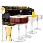 Vemacity Ribbed Coupe Glasses Set of 4 with Gold Rims, Spoon & Jigger | 300ml Coupe Cocktail Glass | Vintage Champagne Coup Glasses | Ribbed Glassware | Espresso Martini Glasses | Recipe e-Book (PDF)