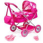 Bayer - Dolls Pram Smarty Pink Stars - Baby Stroller for Dolls with Bag, Plastic Accessories - Dolls Up to 18” - Age 3+ - 12249AB