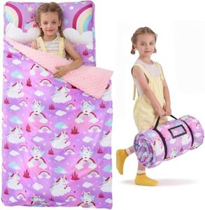 JOIEDOMI Toddler Sleeping Bag for Kids 55''x30'' Nap Mat with Removable Pillow and Minky Blanket for Toddler Ages 3-7 Roll Up Soft Kids Sleeping Bag for Boys Girls Kindergarten Daycare Purple Unicorn