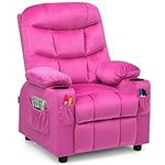 COSTWAY Larger Kids Recliner Chair, Adjustable Lounge Recliner w/ 2 Cup Holders, 1 Side Pocket, 2 Front Pockets, Footrest, Velvet Fabric Recliner for Boys & Girls, Ideal for Bedroom (Pink)