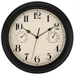 Foxtop Indoor/Outdoor Waterproof Wall Clock with Thermometer and Hygrometer Combo - Retro Silent Non-Ticking Battery Operated Quality Quartz Round Clock for Patio/Home Decor 12 inch (Black)