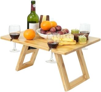 Portable Picnic Table, Foldable Table with Wine Bottle and Wine Glass Holders, Bamboo Tray Table for Camping, Beach, Park Picnic, Indoor/Outdoor Dining Table