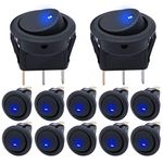 mxuteuk 12pcs 12V Rocker switches，SPST Blue LED Illuminated Round Dot Rocker Toggle Switch On/Off 20A 12V DC Press Button Round Rocker Switch For Car Or Truck Boat KCD2-102N-BU