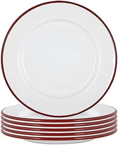 Argon Tableware Platos de cena de esmalte blanco - Metal platos de comida para acampar al aire libre - 25,5 cm - Rojo - Paquete de 12