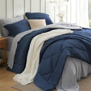 Bedsure Blue Comforter Set Queen - 7 Pieces Reversible Navy Bed in a Bag, Blue Comforter Queen Bed Set for All Seasons with 1 Flat Sheet, 1 Fitted Sheet, 2 Pillowcases and 2 Pillow Shams