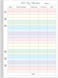 Yaridar Payment Checklist Refills - 50 Sheets/100 Pages Colorful Monthly Budget Forms for A5 Binder, 6 Hole Punched, 100 gsm White Paper, 5.8" x 8.3"