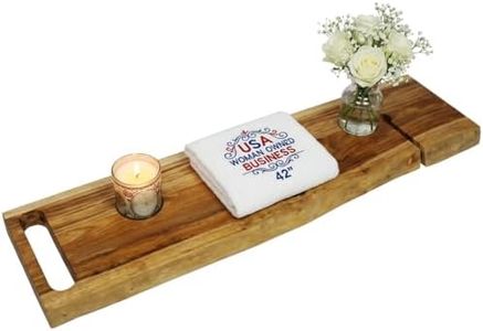 EcoDecors Eleganto 42" Live Edge Solid Teak Bath Caddy Tray with Handle, Book & Tablet Holder, Wine Glass Holders, Luxury Bathtub Tray