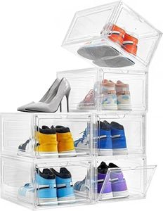 Plastic Shoe Box with Clear Door, Drop Front Plastic shoe box, Set of 6, Stackable, for Display Sneakers, Easy Assembly, Fit up to Size 12 (13.4" x 10.6" x 7.4")