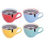 YöL Set Of 4 Mugs Bohemian Modern Design Embossed Mugs New Bone China Coffee Tea Cups Mug Set Stylish Trendy Boho Mixed Colours