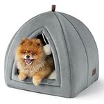 Bedsure Cat Cave Bed Indoor - Large Flannel Hooded Cat Igloo House, 44x44x44cm Enclosed Foldable Pet Bed with Removable Washable Cushion Pillow, Grey