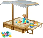 PetsCosset Sandbox with Cover, Sand Box with 2 Toy Bins, 4 Reinforced Benches, UV-Resistant & Adjustable Roof, Bottom Liner, Wooden Sandbox with Lid for Kids Outdoor, Gift for Ages 2-8, 45x45 Inches